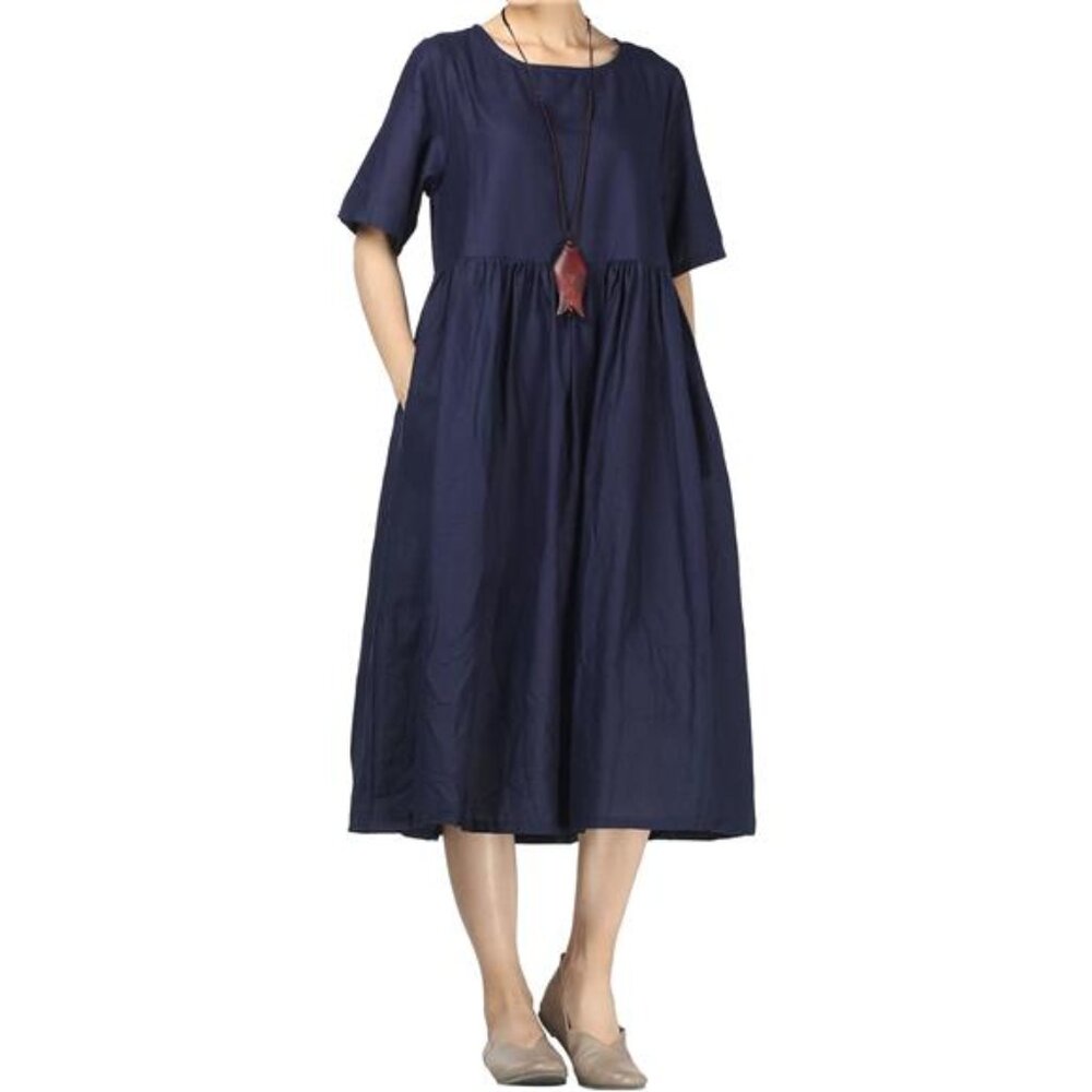 Women's Linen Tunic Summer Dress Casual Midi Dress with Pockets, Navy